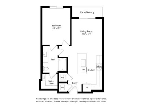 A floor plan of a home with a living room, kitchen, bathroom, and bedroom.